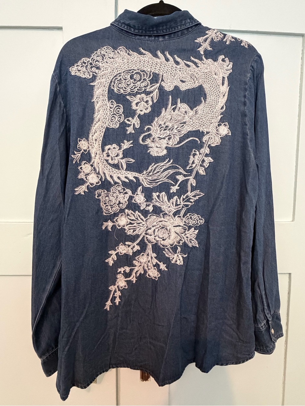 Johnny Was Blue Denim Shirt with White Embroidery - Picture 3 of 5